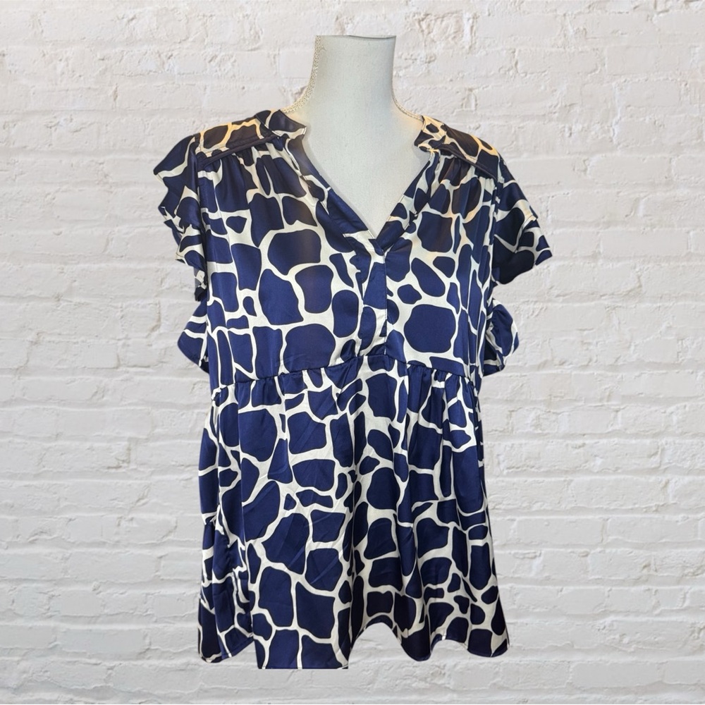 Umgee Blue and White Ruffled Blouse with Notched Collar